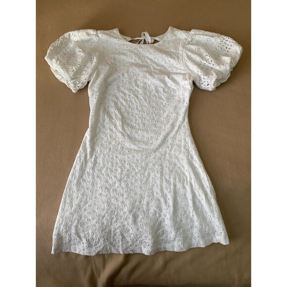 FREE PEOPLE Apricot Rose Eyelet Mini Dress with Puff Sleeve, White, XS $138 NWT - Picture 3 of 12